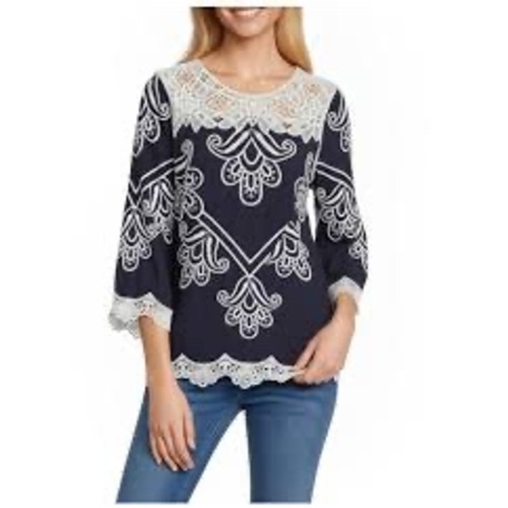Leo & Nicole Embroidered Tunic Top Ivory Crochet Lace Trim 3/4 Sleeve Boho 2XL